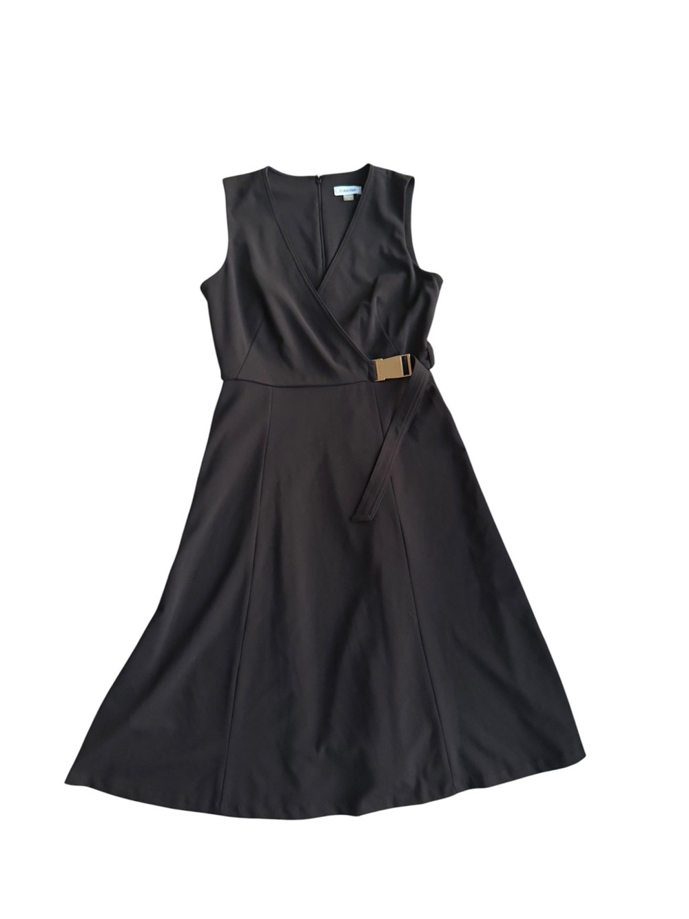 Calvin Klein Black Sleeveless Wrap Midi Dress with Gold Buckle